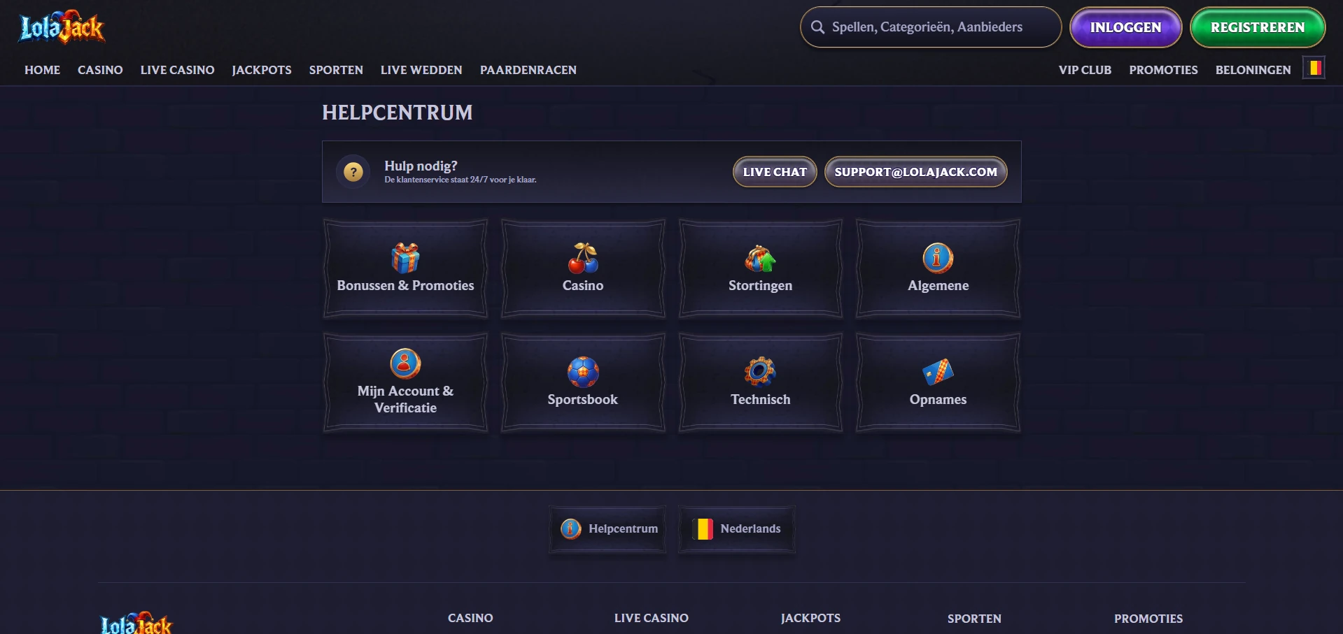 Contactblok van LolaJack Casino met live chat en e-mail