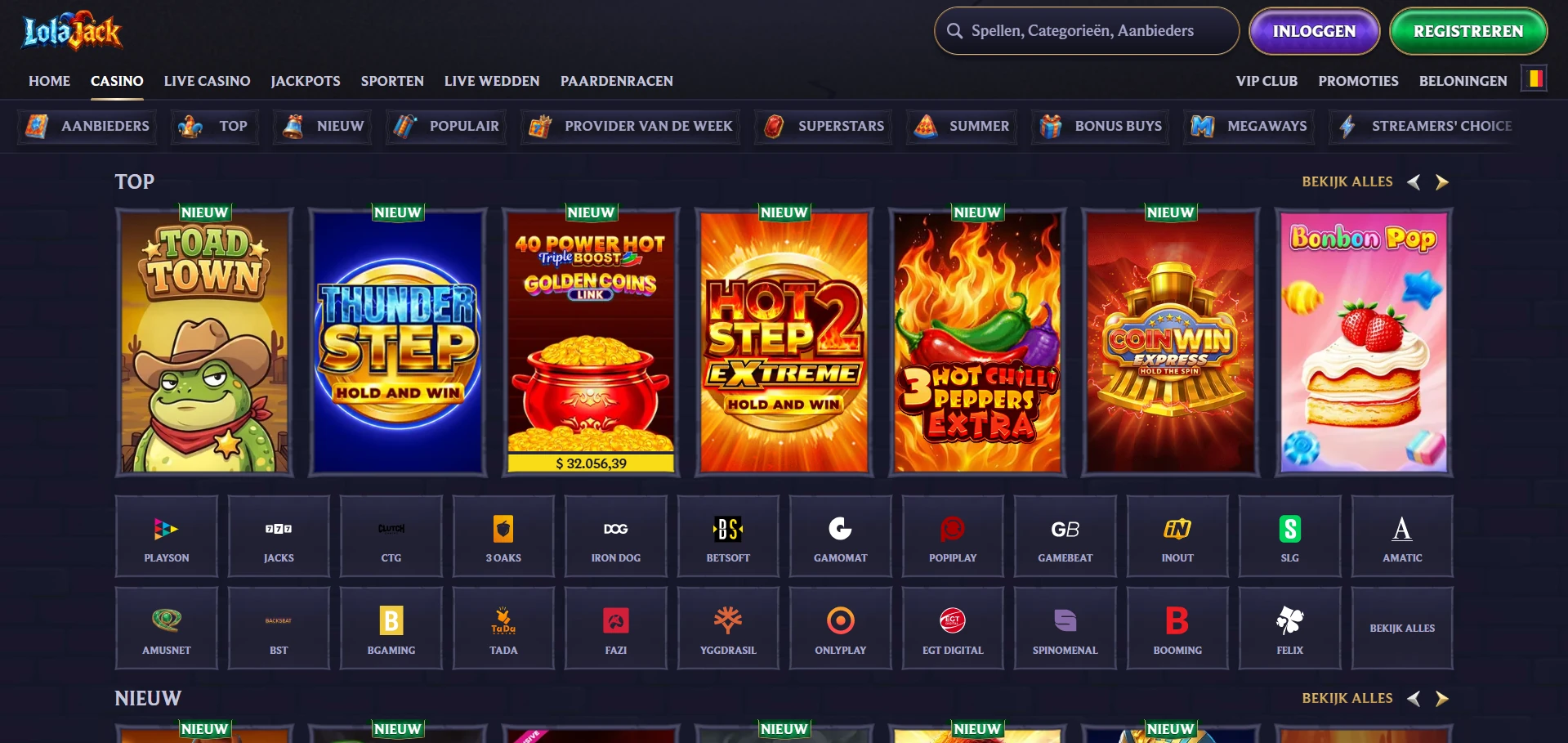 Spellobby van LolaJack Casino met filters per leverancier