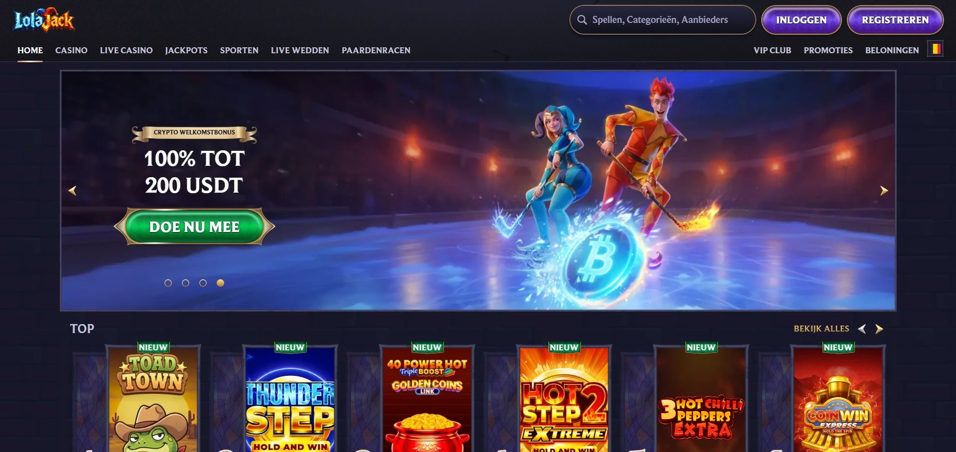 Startpagina van LolaJack Casino met de bonusbanner en de menubalk bovenin