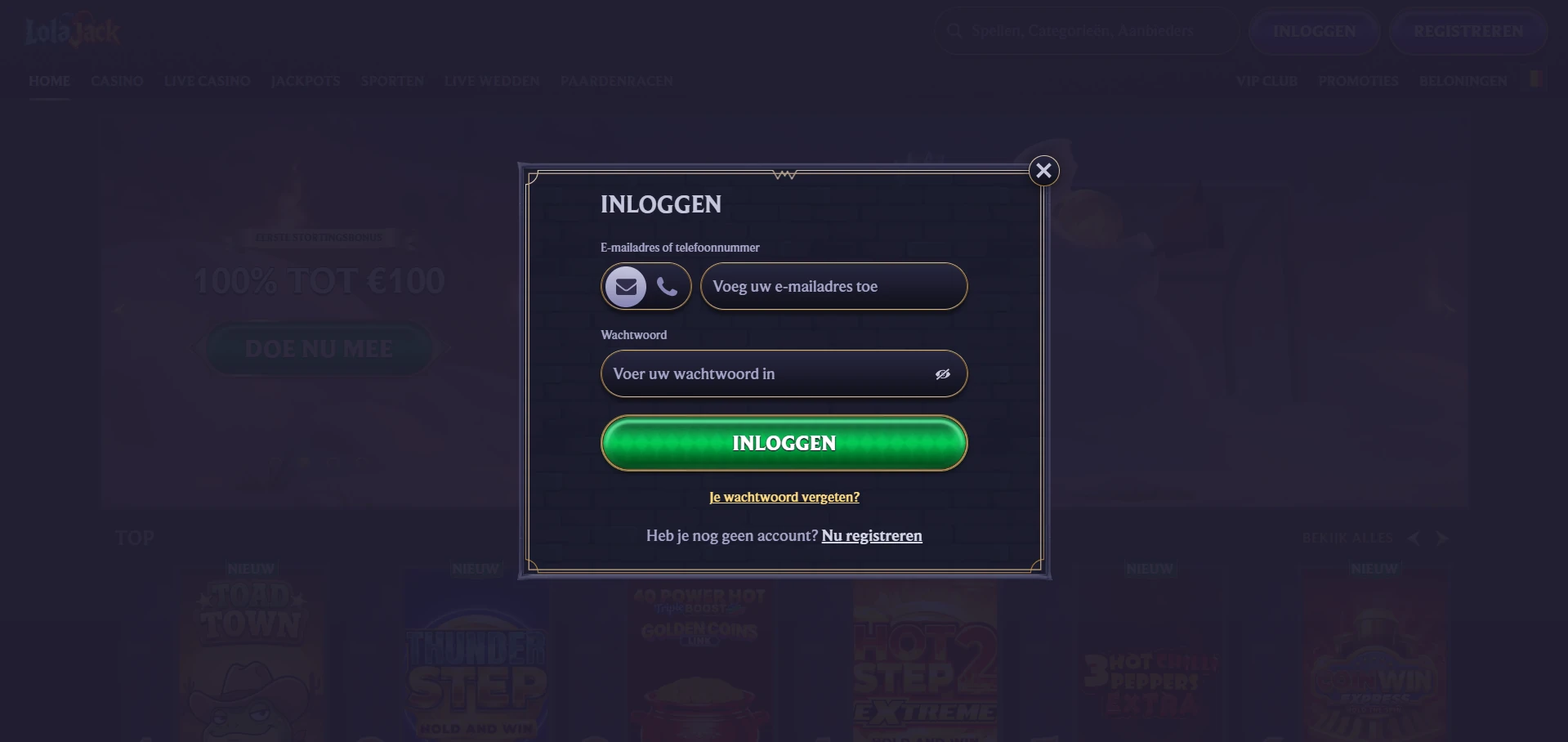 Inlogformulier van LolaJack Casino met velden voor e-mail en wachtwoord