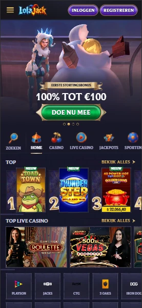 LolaJack Casino op een telefoonscherm met het mobiele menu